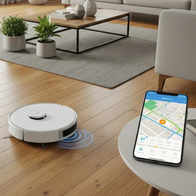 Smart robot vacuum cleaning modern living room floor