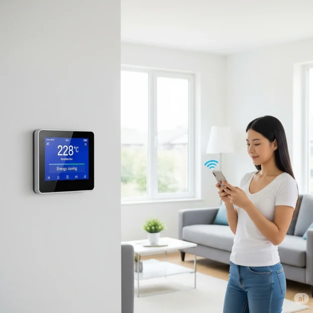Smart thermostat controlled by phone in modern home
