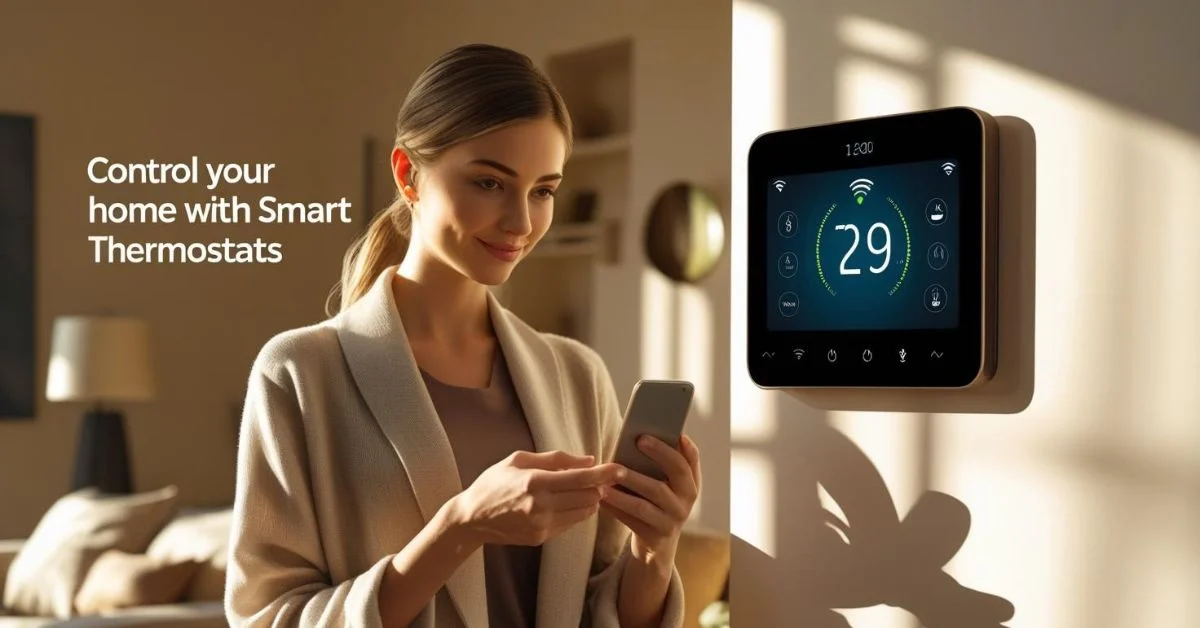 Woman using smartphone to control a smart thermostat at home, displaying temperature settings.