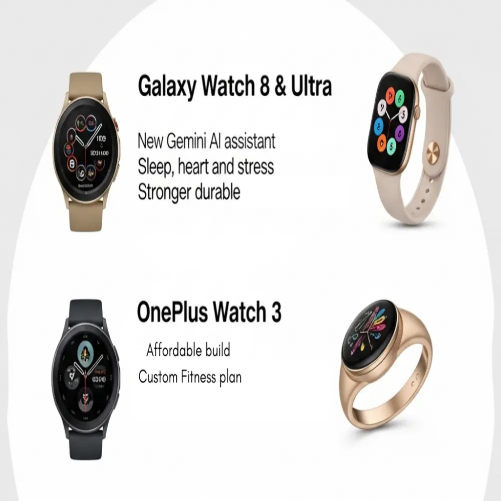 Infographic of smartwatches and smart ring with features like AI, fitness tracking, and long battery life