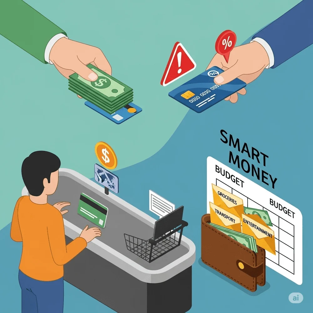 Person using cash or debit for budgeting, avoiding credit card debt. 