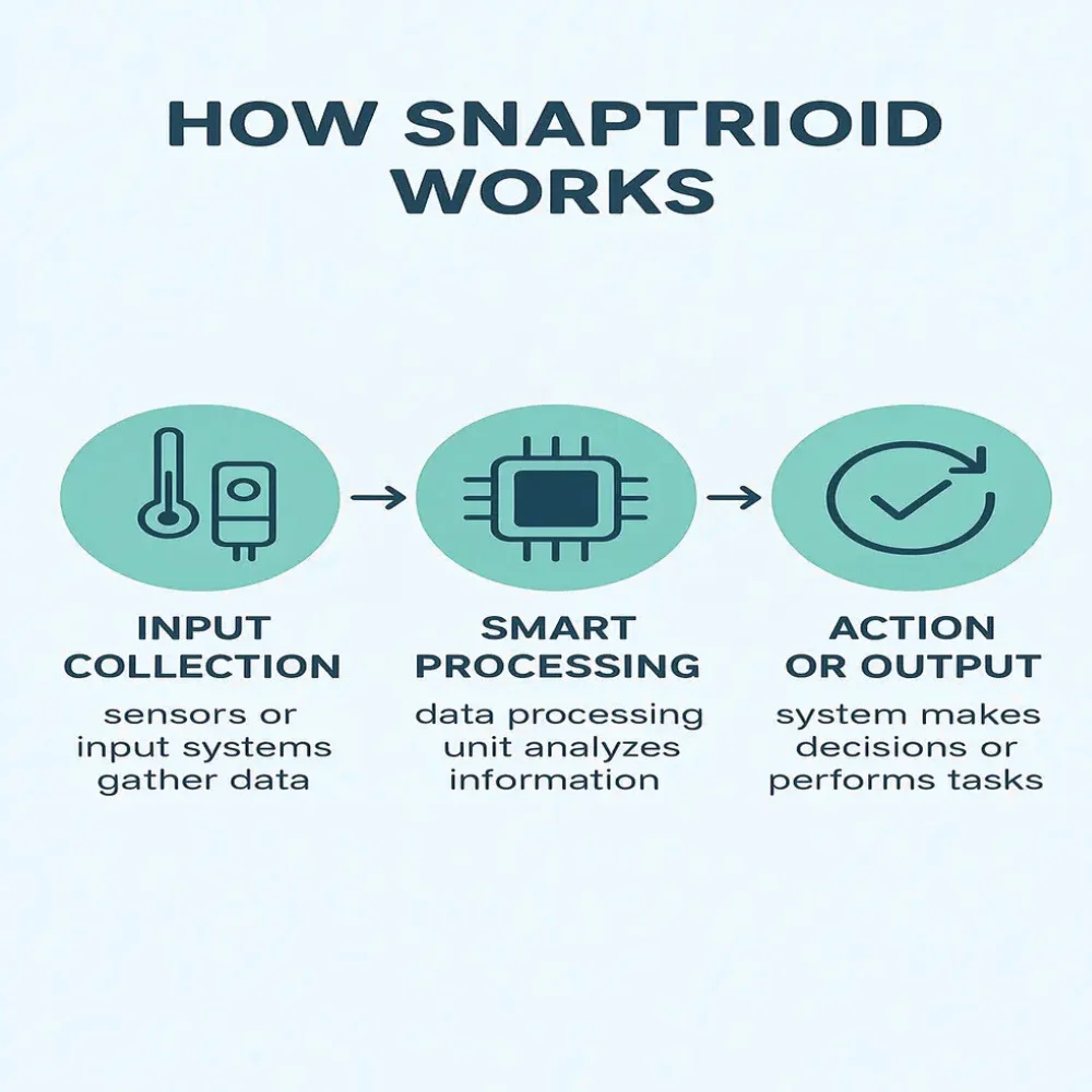 Diagram explaining how Snaptroid works: input collection by sensors, smart processing of data, and action/output by the system.