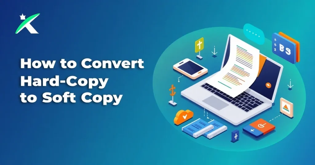 Colorful digital illustration of scanning a paper document into a soft copy using a phone and uploading it to cloud storage.