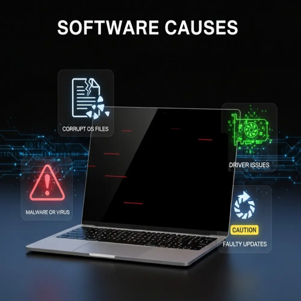 Laptop black screen issues caused by corrupt OS files, malware, driver problems, and faulty updates.