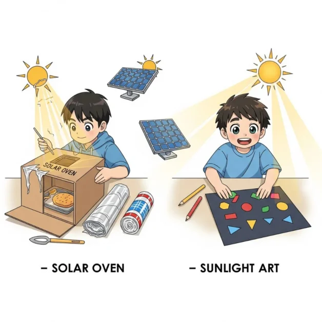 Kids learning solar energy with fun activities in anime-style graphic