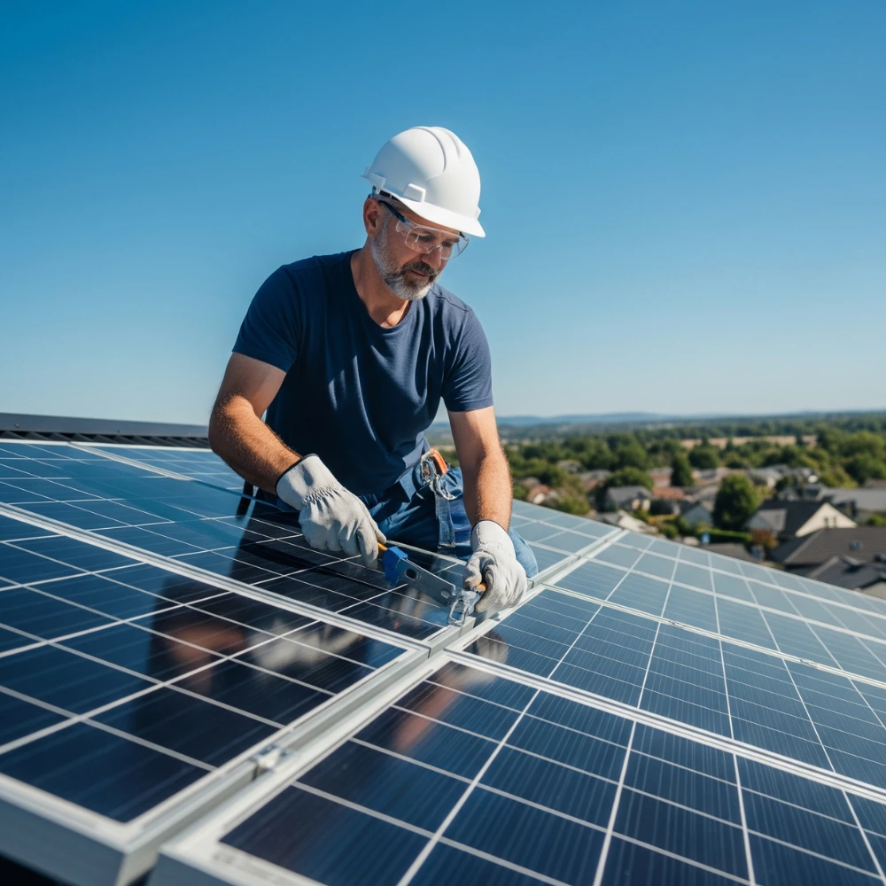 Technician installing solar panels on a sunny rooftop
