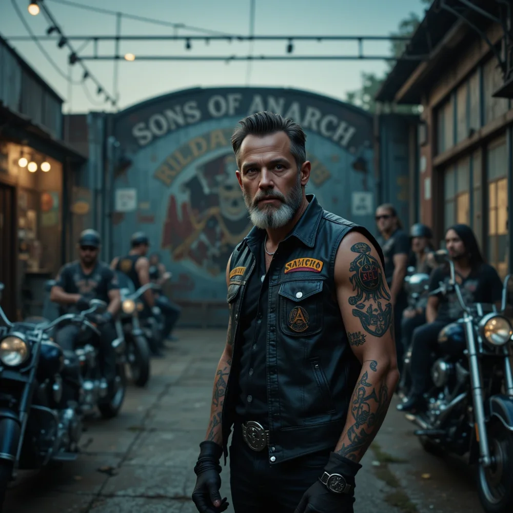 Khleo Thomas among bikers with "Sons of Anarchy" club sign. 