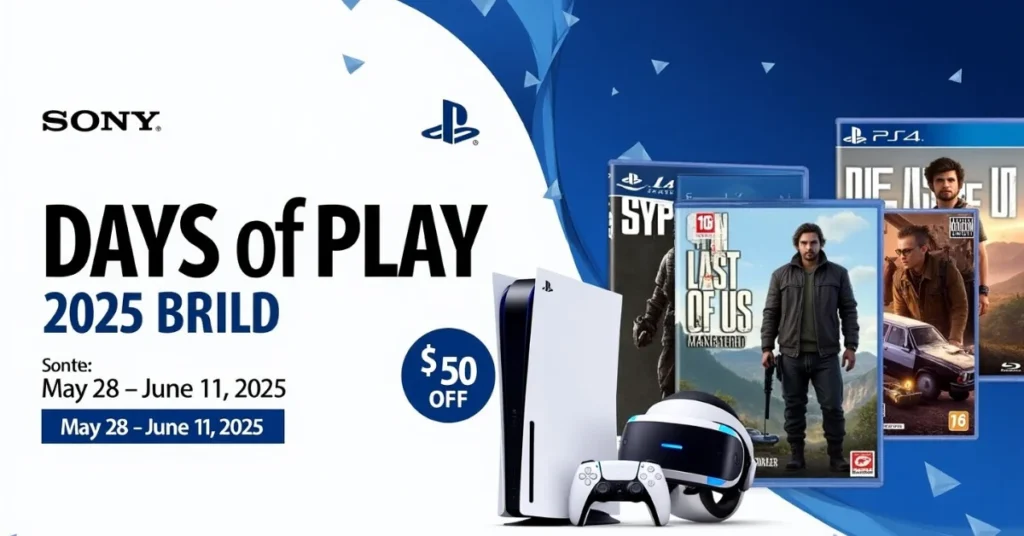 Sony Days of Play 2025 banner showing $50 off PS5 Pro games, PS VR2, DualSense controller. Sale runs May 28 – June 11