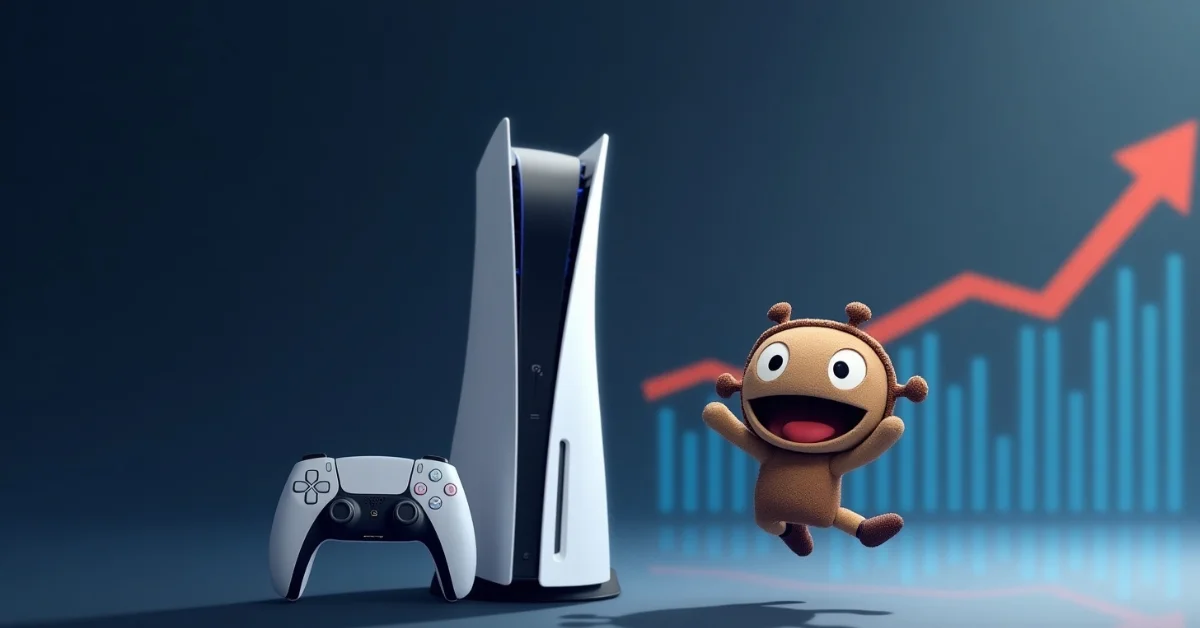 The image depicts a PlayStation 5 console, controller, and a joyful animated character, with an upward-trending graph in the background.