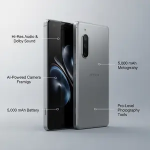 Sony Xperia 1 VII with front and back views, showing labeled features like Dolby sound, AI camera, and 5,000 mAh battery.