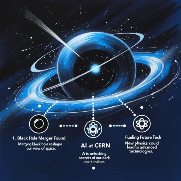 Infographic showing black hole merger, AI at CERN and future tech breakthroughs in space science and physics.