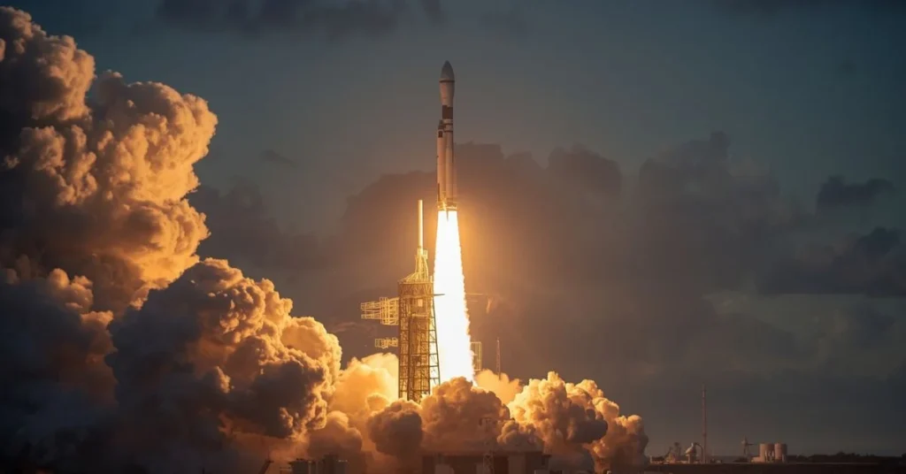 falcon 9 rocket launching 24 Amazon Project Kuiper satellites from Cape Canaveral after weather delays.