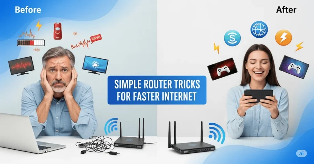 Split screen showing how to speed up slow internet using simple router tricks before and after comparison of slow and fast WiFi performance