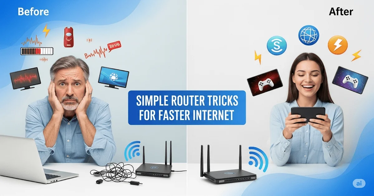 Split screen showing how to speed up slow internet using simple router tricks before and after comparison of slow and fast WiFi performance