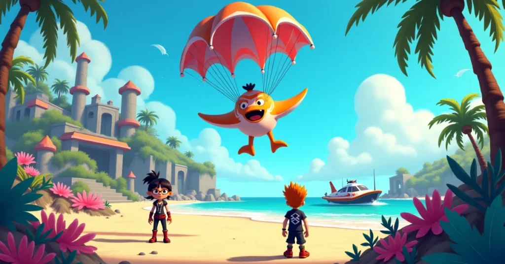 Splatoon Raiders concept art: cartoon characters on a beach with a parachuting bird, tropical ruins, and a boat offshore.