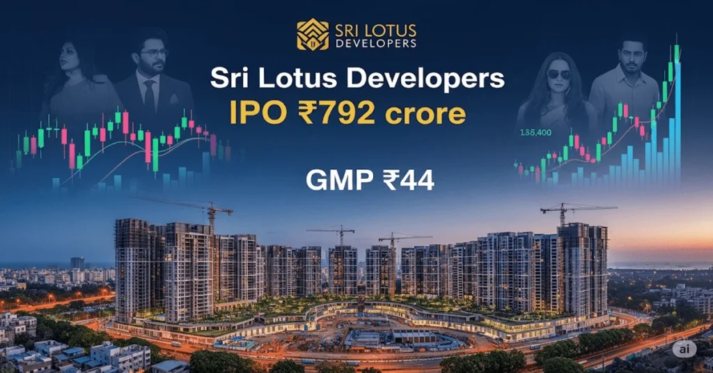 Illustration showing Sri Lotus Developers IPO GMP trends with Mumbai real estate backdrop, stock market chart, and ₹44 premium highlight.