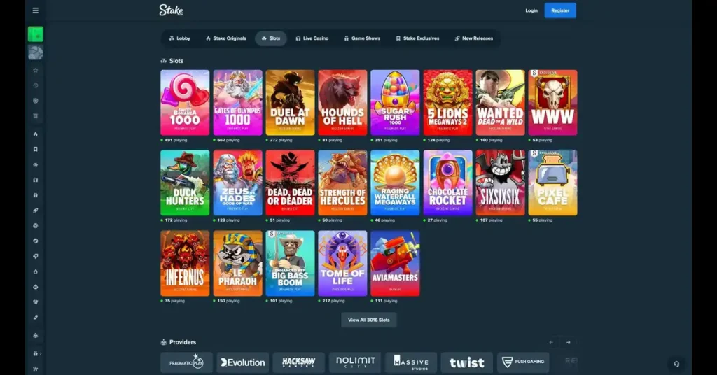 Stake.com homepage showcasing a wide range of casino games, live betting options, and crypto integration on a clean, modern interface.