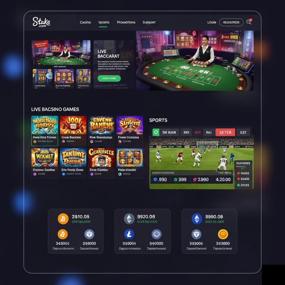 Screenshot of Stake.com homepage showing live casino games, sportsbook, and crypto betting interface on a modern, user-friendly design.