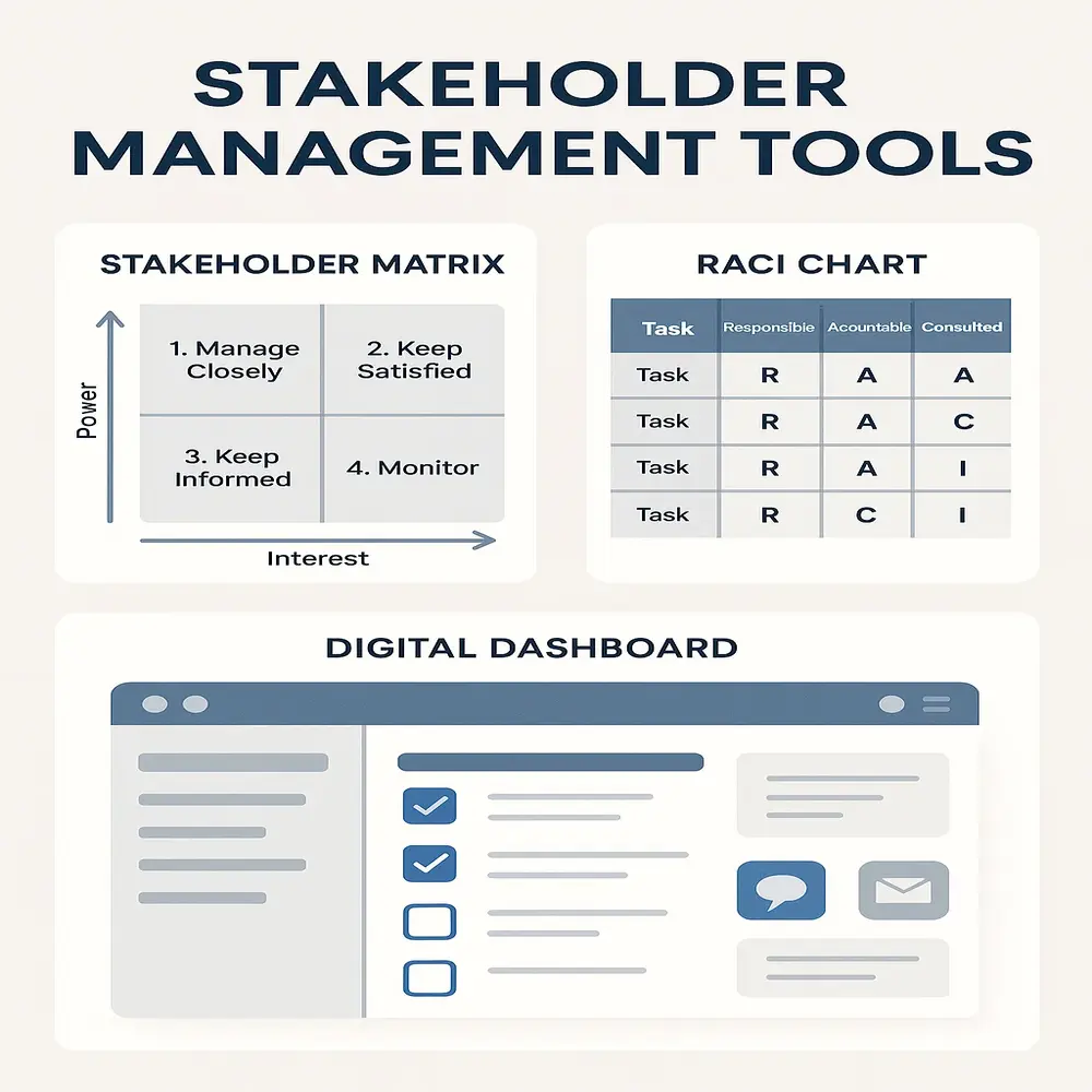 Visual overview of stakeholder tools: matrix, RACI chart, and meeting dashboard for project communication and management
