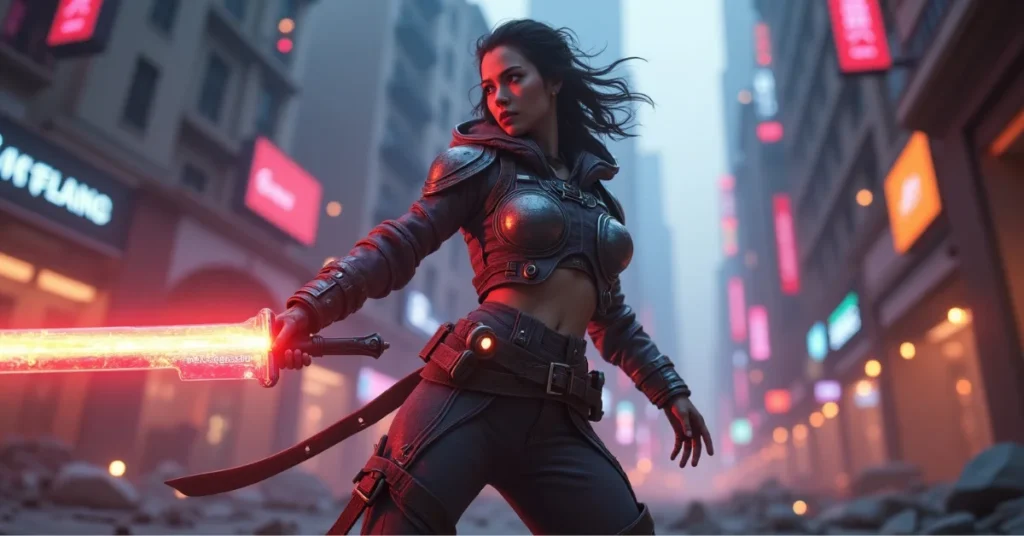 A Stellar Blade character in high-tech armor wields a glowing red sword in a neon-lit, dystopian city, standing confidently amid rubble.