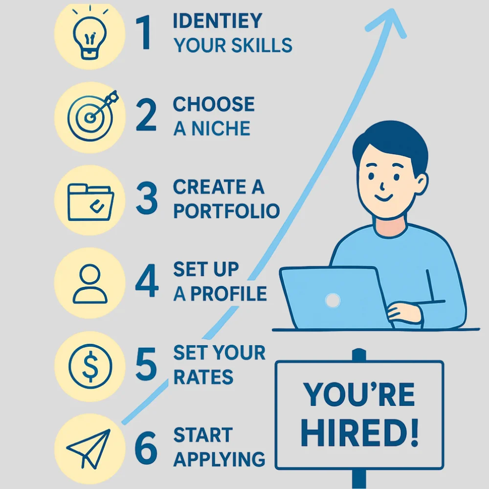 Freelance getting started steps with icons flow