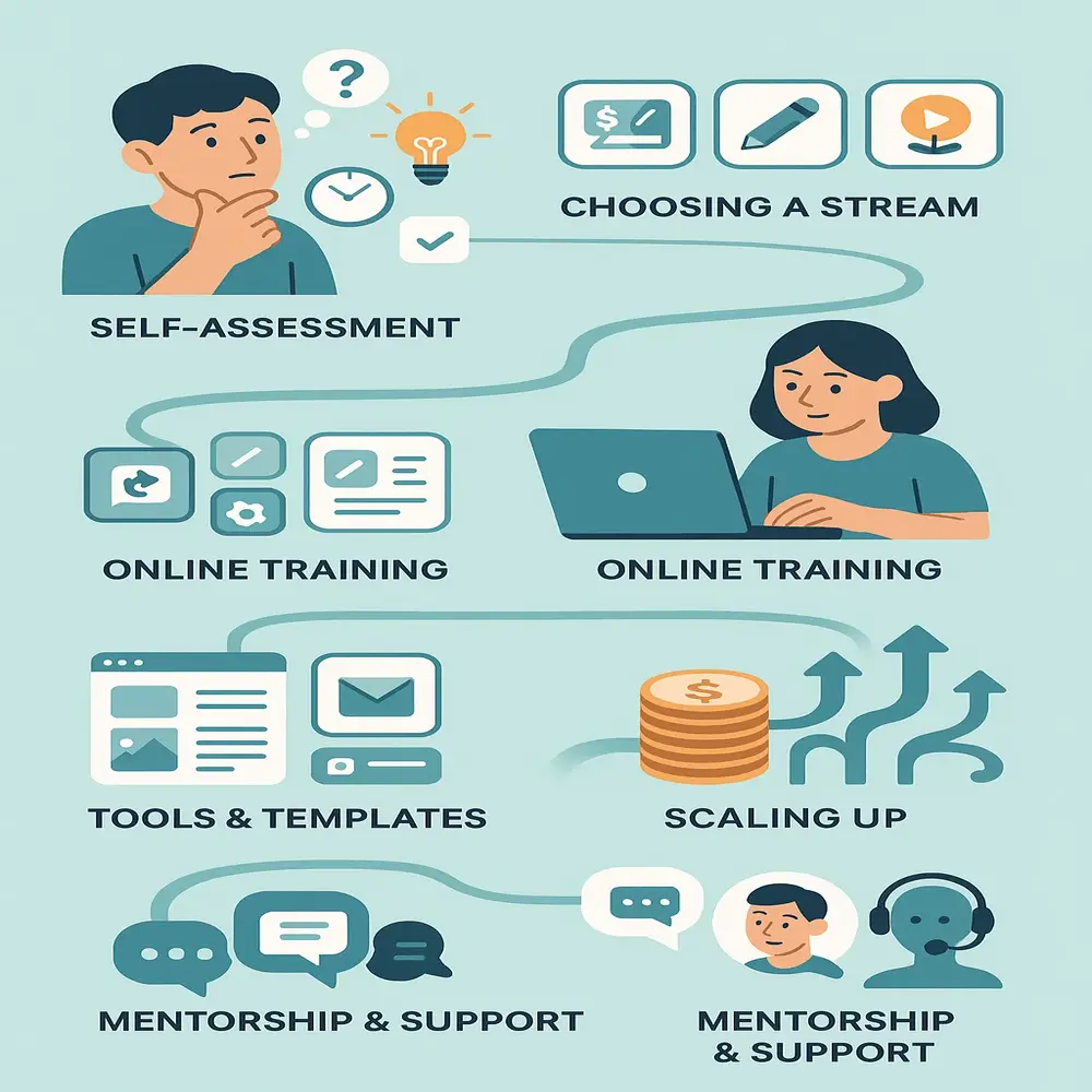 The image shows steps to start an online business: self-assessment, picking a stream, training, using tools, scaling income, and getting mentorship. 