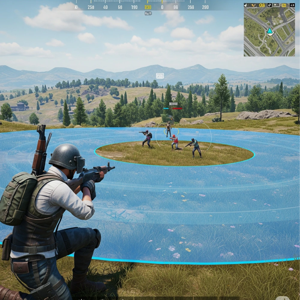 PUBG player holding position near blue zone edge