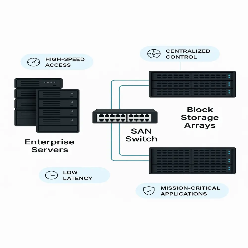 SAN setup linking servers to storage via a switch for fast, reliable, and centralized data access. 
