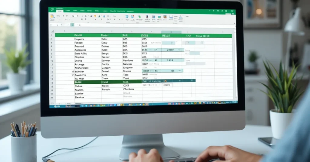 User applying strikethrough formatting in Excel on a laptop in a modern workspace.