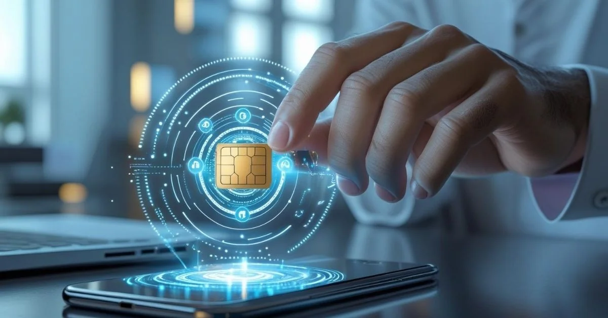 Glowing SIM card held above a smartphone with digital network icons in a modern tech workspace.