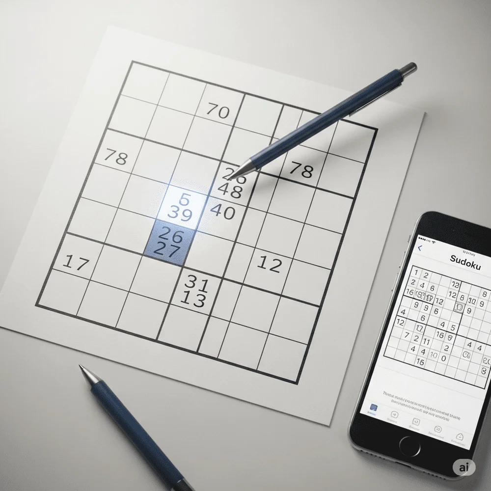 A top-down view of a Sudoku puzzle with glowing hints, a pencil, and a tablet, combining traditional gameplay with modern digital access. 