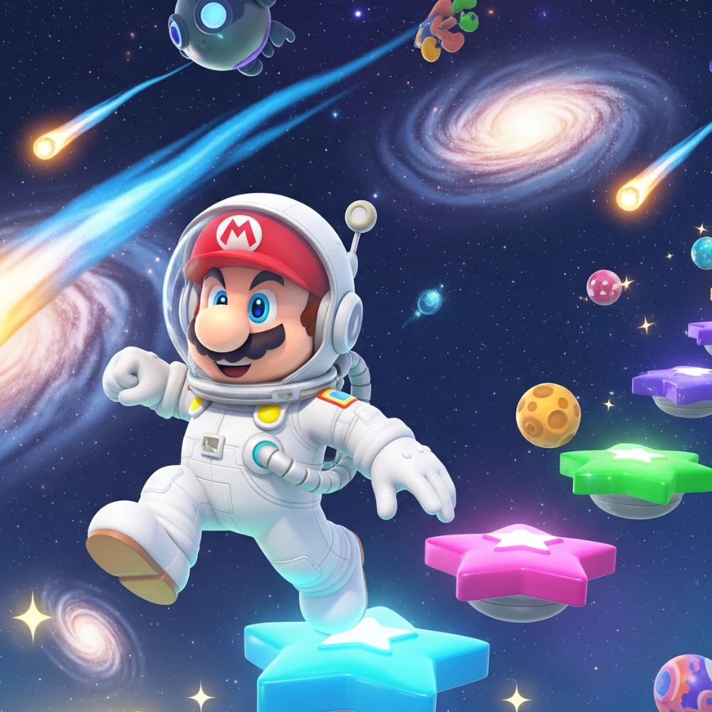 Mario jumps through glowing planets in a cosmic galaxy