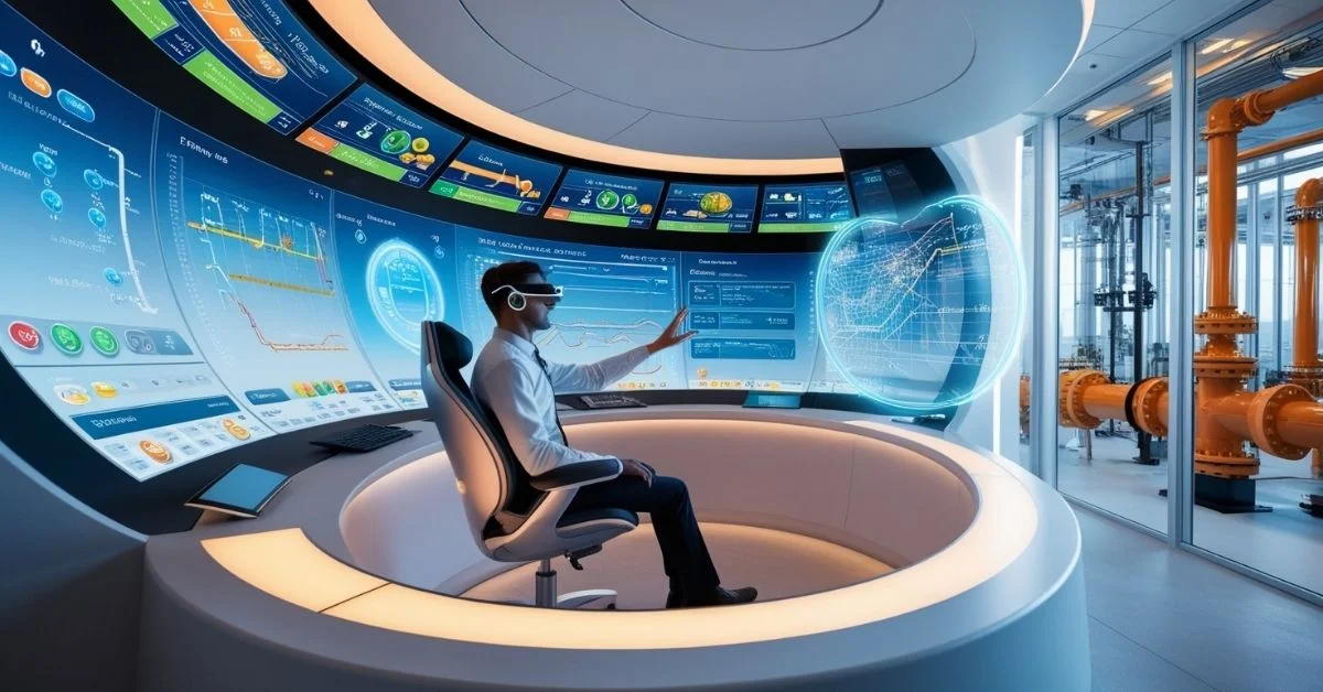 Operator monitoring SCADA system with real-time data on futuristic screens in a high-tech industrial control room.