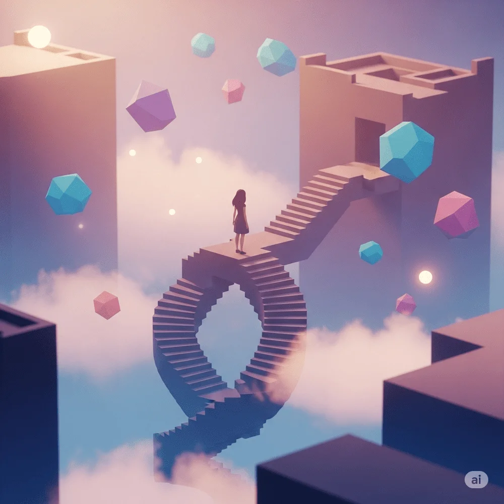 A robed character on a surreal staircase in a pastel-toned, dreamy landscape—capturing the artistic and logical essence of Monument Valley. 