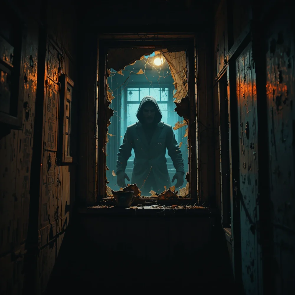 A man peers nervously through a cracked window while shadowy monsters creep behind him in a dark apartment.