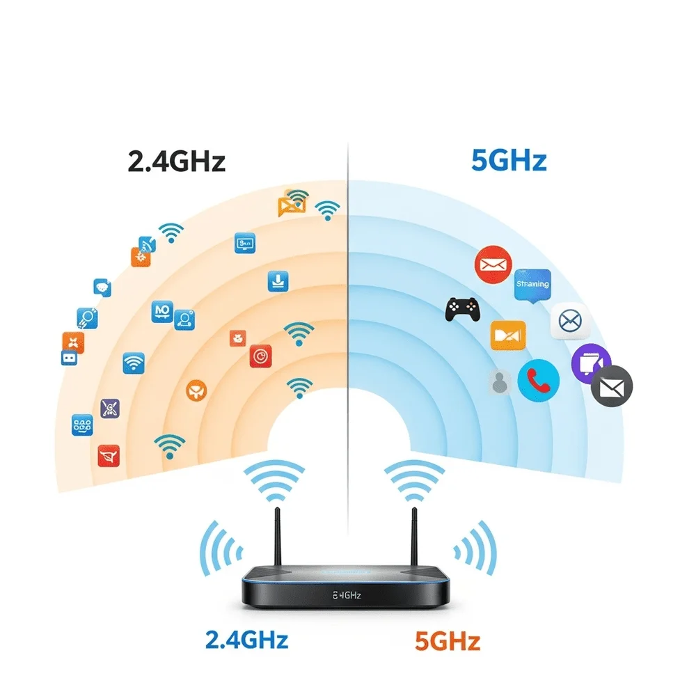 Visual comparison of 2.4GHz and 5GHz Wi-Fi bands highlighting 5GHz suitability for nearby tasks like streaming and gaming. 
