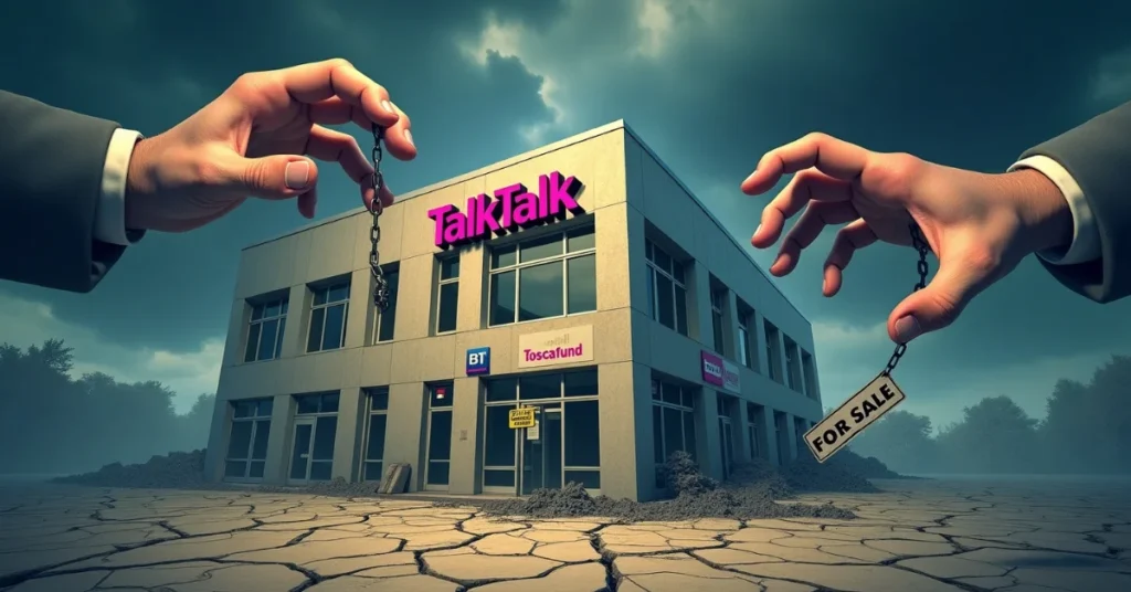 A symbolic image of a TalkTalk building held by giant hands, one with a "FOR SALE" tag, reflecting the company's potential breakup or sale.