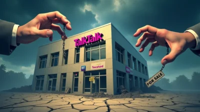 A symbolic image of a TalkTalk building held by giant hands, one with a "FOR SALE" tag, reflecting the company's potential breakup or sale.