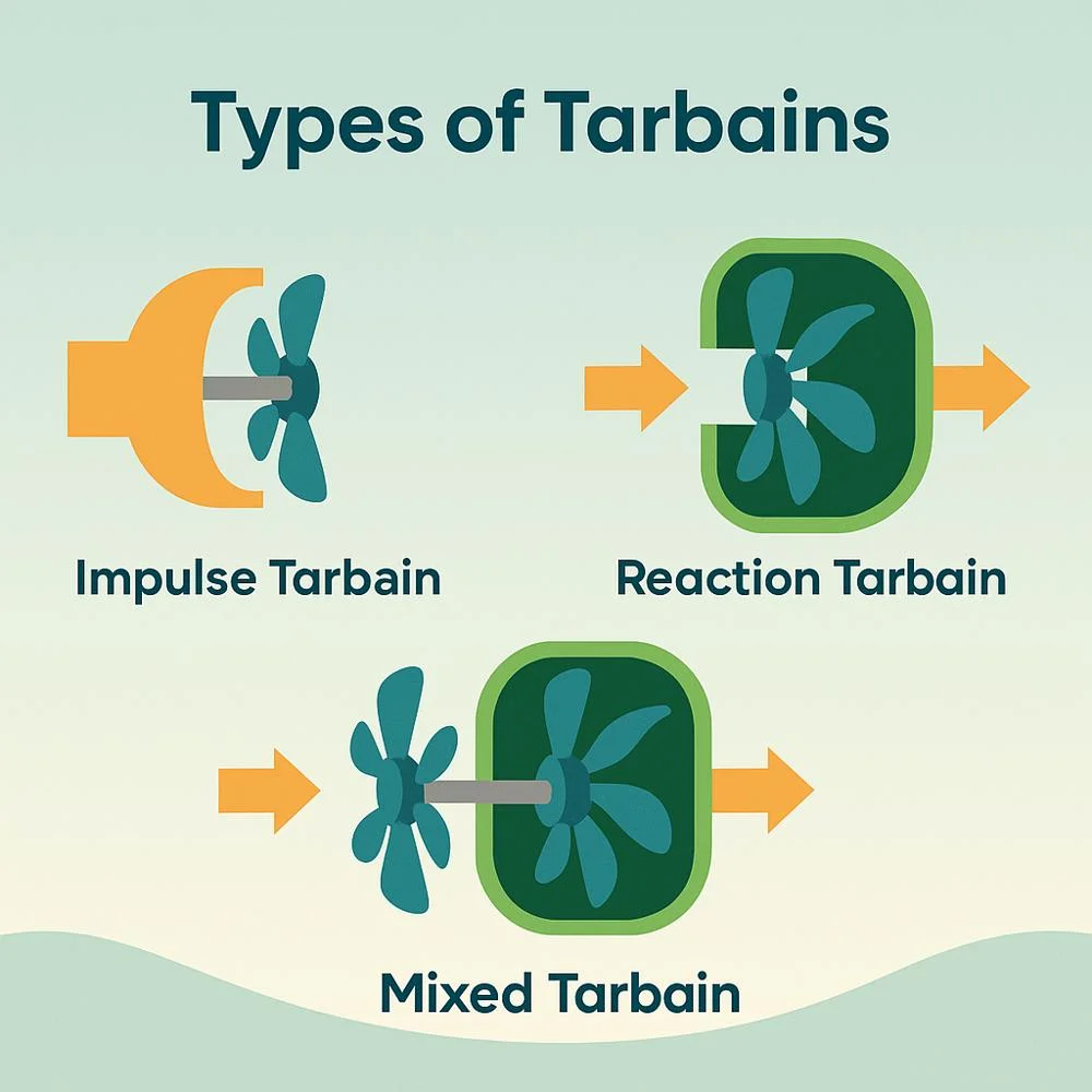 Infographic showing types of tarbains including impulse, reaction, and mixed turbines with their key features
