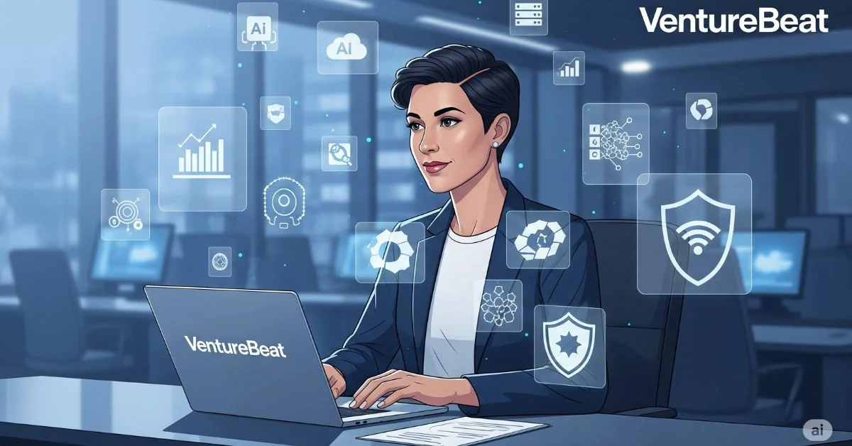 Illustration of a female tech journalist at a laptop with floating icons representing AI, cloud computing, data analytics, and cybersecurity, set in a modern digital newsroom with VentureBeat branding.
