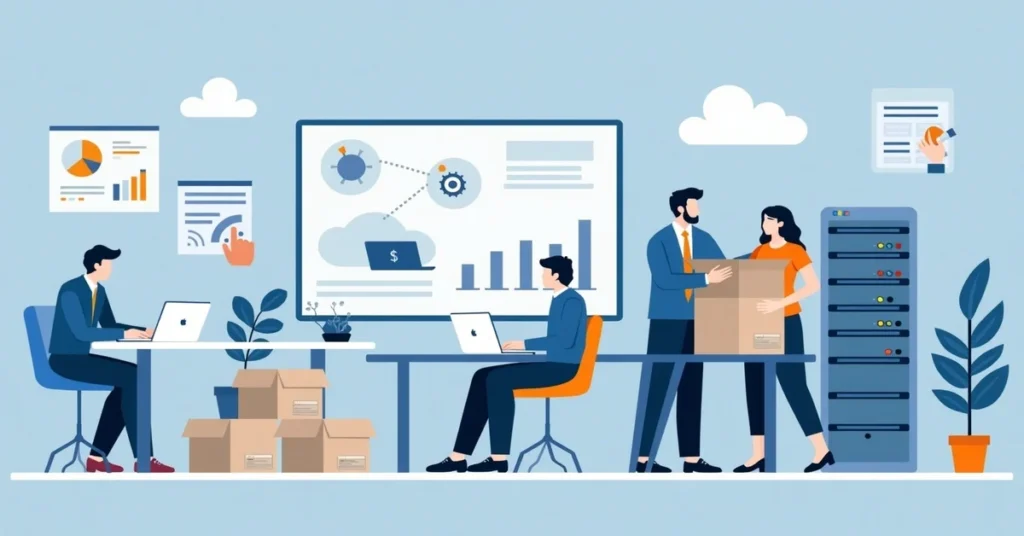 Office team setting up new laptops and tech equipment during a Technology Refreshment process, with charts, server racks, and boxed devices in view.