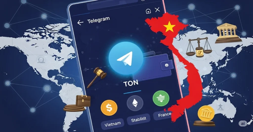 Telegram app showing TON wallet and stablecoins, with Vietnam and France marked amid legal and blockchain-themed visuals.