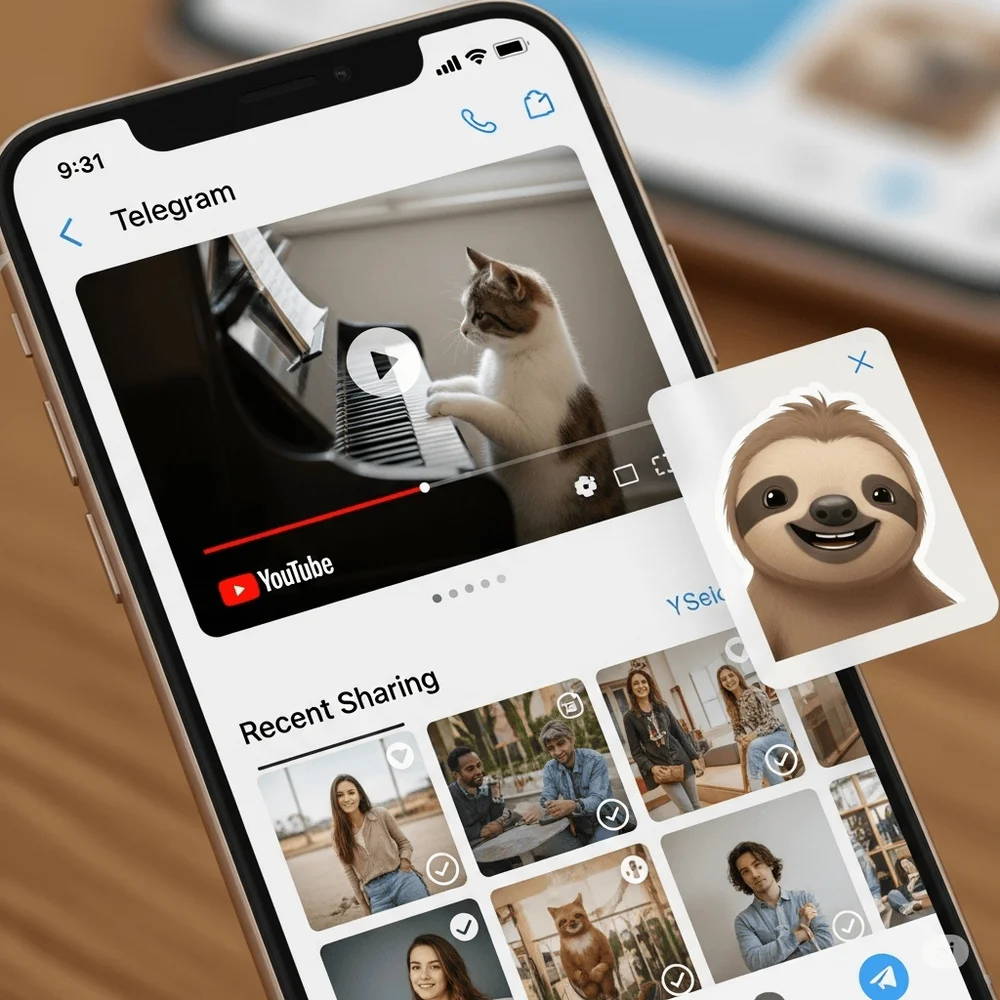 Telegram app screen showing media sharing menu, in-app video player, and sticker preview pop-up