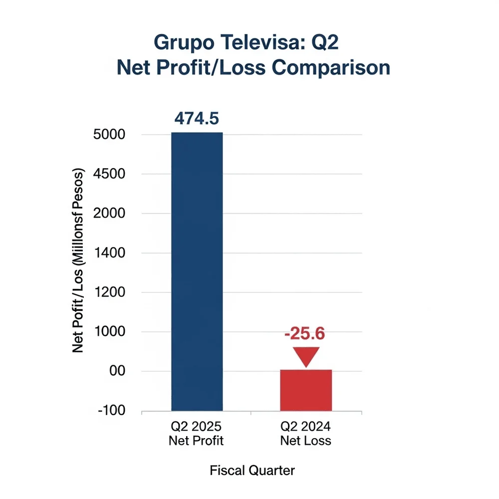Bar chart showing Televisa’s Q2 2025 net profit of 474.5M pesos compared to a Q2 2024 loss of 25.6M pesos.