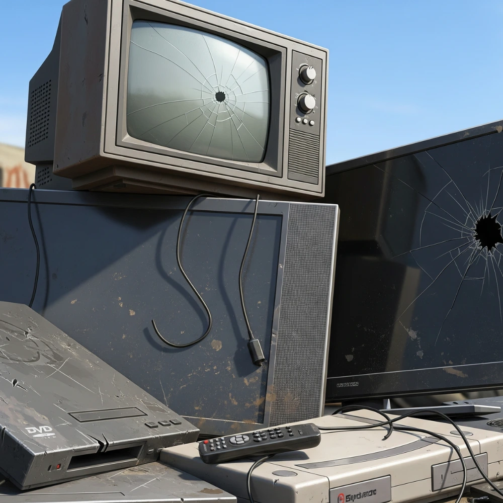 E-waste from televisions and entertainment devices like old TVs, DVD players, and game consoles in a recycling area.