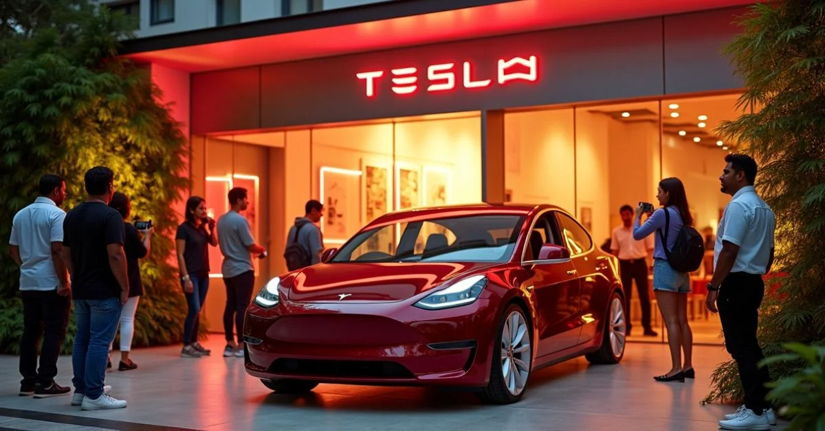 Tesla Model Y on display at the Mumbai showroom launch with visitors looking around the Experience Center.