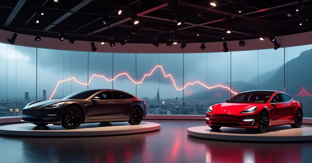 Tesla cars with sales graph drop