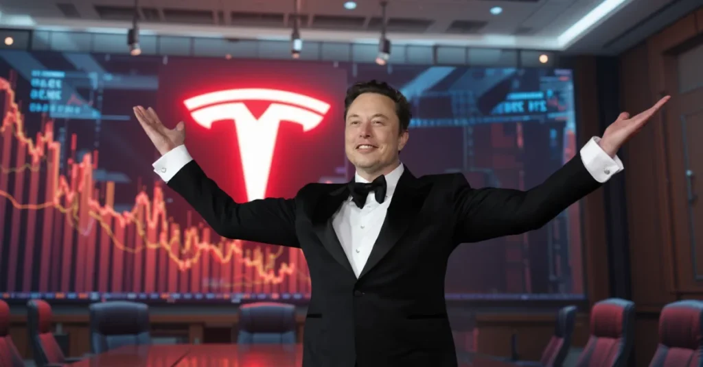 Elon Musk with Tesla logo and rising stocks