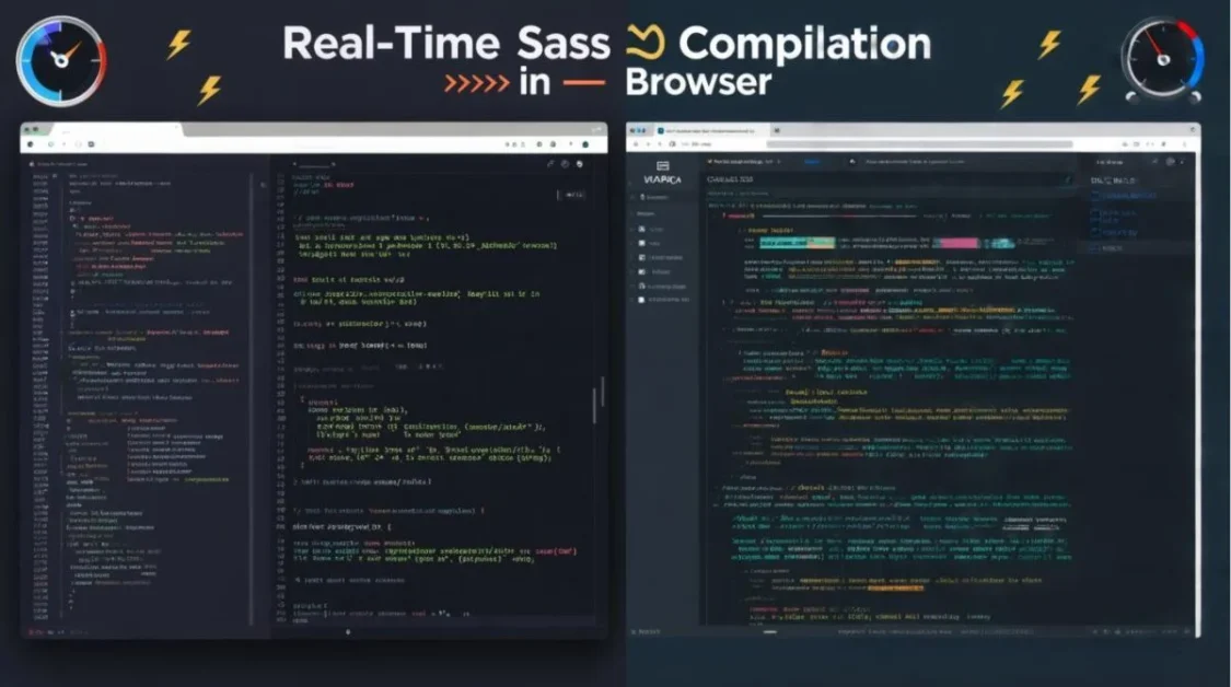 Split screen showing Sass code and instant CSS output using browser tools”