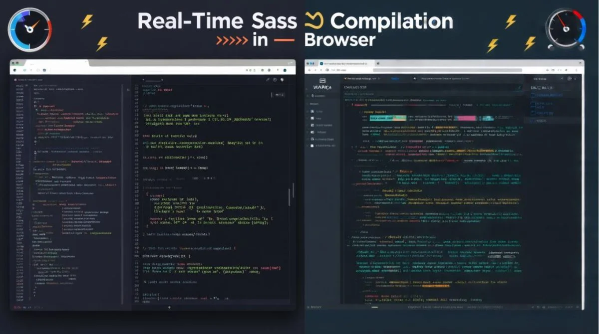 Split screen showing Sass code and instant CSS output using browser tools”